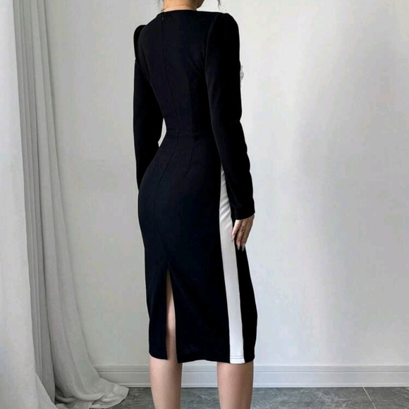 Sexy Black & White Color Block Square Neck Long Sleeve Bodycon Dress - Picture 3 of 5